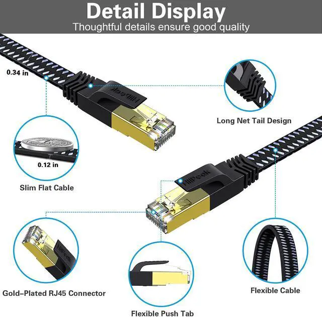 Alt view image 3 of 5 - HiiPeak Cat 8 Ethernet Cable 100 ft, Flat Nylon Braided Internet Cable, High-Speed 40Gbps Network Patch LAN Cable, RJ45 Cable for Modem, Router, PC, Xbox, Laptop, Computer, Black and grey(100ft)