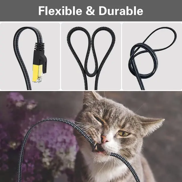 Alt view image 4 of 5 - HiiPeak Cat 8 Ethernet Cable 100 ft, Flat Nylon Braided Internet Cable, High-Speed 40Gbps Network Patch LAN Cable, RJ45 Cable for Modem, Router, PC, Xbox, Laptop, Computer, Black and grey(100ft)