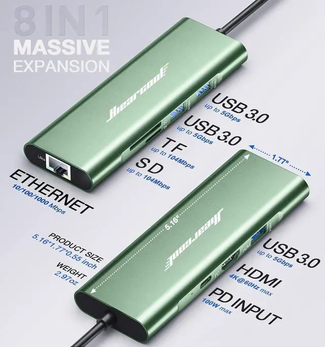 Alt view image 5 of 5 - Hiearcool USB C Hub, 8 in 1 USB C Hub Multi-Port Adapter with Gigabit Ethernet, USB C to 4K@60Hz HDMI Dock Dongle for MacBook Pro Air M1 M2 and Type C Laptops-Green
