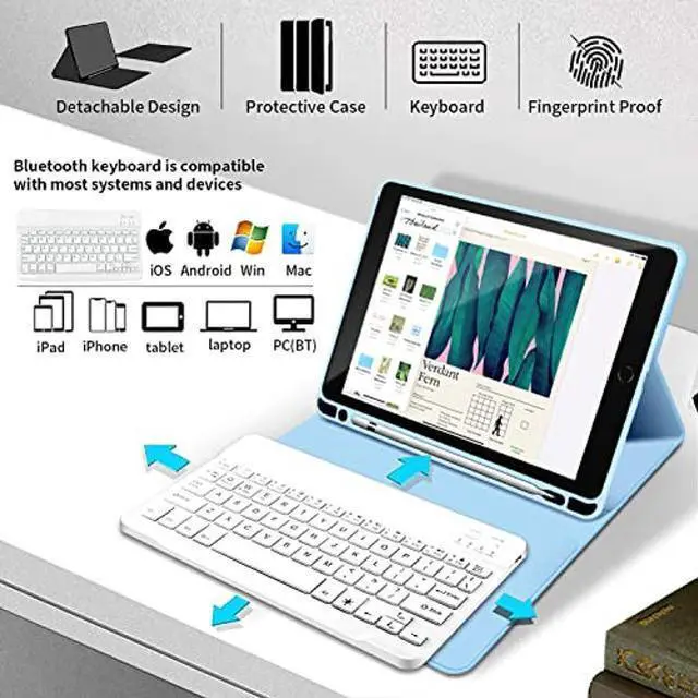 Alt view image 2 of 5 - KENKE iPad Keyboard Case for iPad 9.7 inch 2018 (6th Gen) / iPad 2017 (5th Gen) / iPad Air 2/1, Lightweight Smart iPad Cover with Pencil Holder, Magnetically Detachable Wireless Keyboard, Light Blue