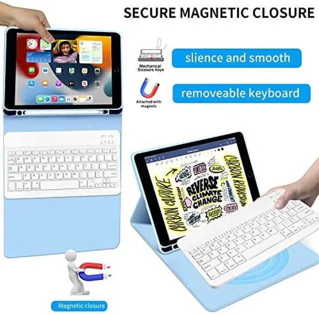 Alt view image 3 of 5 - KENKE iPad Keyboard Case for iPad 9.7 inch 2018 (6th Gen) / iPad 2017 (5th Gen) / iPad Air 2/1, Lightweight Smart iPad Cover with Pencil Holder, Magnetically Detachable Wireless Keyboard, Light Blue