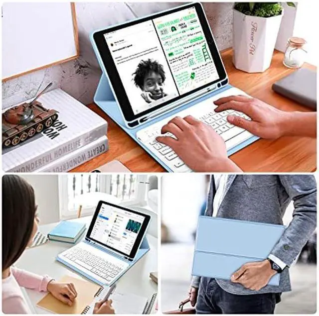 Alt view image 5 of 5 - KENKE iPad Keyboard Case for iPad 9.7 inch 2018 (6th Gen) / iPad 2017 (5th Gen) / iPad Air 2/1, Lightweight Smart iPad Cover with Pencil Holder, Magnetically Detachable Wireless Keyboard, Light Blue