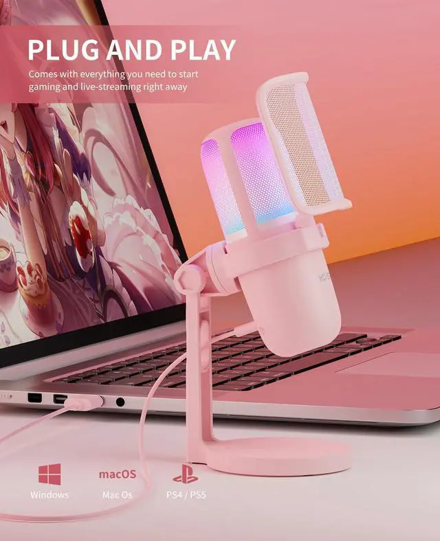 Alt view image 2 of 5 - Ko-Star USB Microphone Gaming for PC PinkMini Computer Gaming Mic for PS4/ PS5/ Mac,Streaming Microphone for PC Gaming,Condenser Mic with RGB Streaming,PopFilter,Shock Mount for Recording,Podcasting