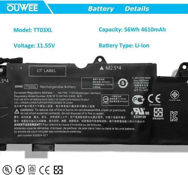 Alt view image 2 of 5 - OUWEE TT03XL 933322-855 932824-421 Laptop Battery Replacement for HP EliteBook 755 G5 /850 G5 /850 G6, ZBook 15U G5 /15U G6 Series 932824-1C1 932824-2C1 HSTNN-LB8H HSTNN-DB8K 11.55V 56Wh 4850mAh