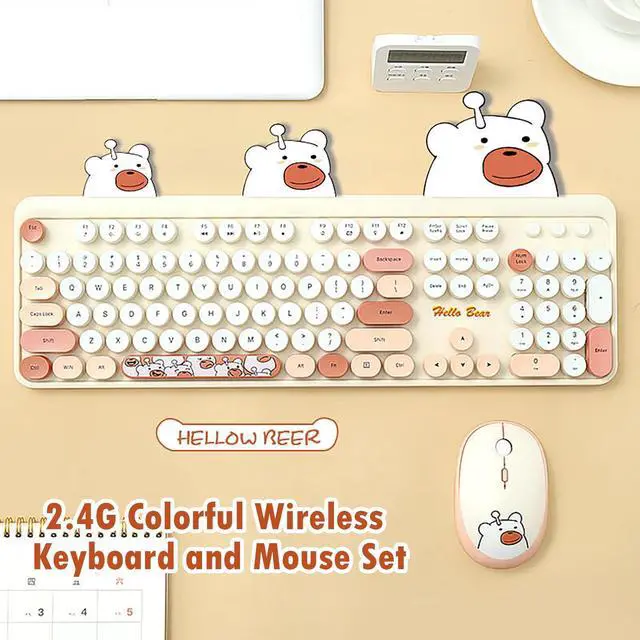Alt view image 2 of 5 - Hello Bear 2.4G Full-Size Wireless Keyboard and Mouse Combo, Multi-Color Typewriter Style Round Keycap, Cute Candy Colors, Compatible with Notebook, PC (Milk Tea)