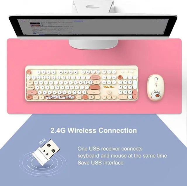 Alt view image 3 of 5 - Hello Bear 2.4G Full-Size Wireless Keyboard and Mouse Combo, Multi-Color Typewriter Style Round Keycap, Cute Candy Colors, Compatible with Notebook, PC (Milk Tea)