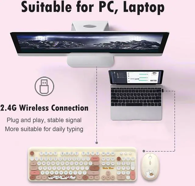Alt view image 4 of 5 - Hello Bear 2.4G Full-Size Wireless Keyboard and Mouse Combo, Multi-Color Typewriter Style Round Keycap, Cute Candy Colors, Compatible with Notebook, PC (Milk Tea)