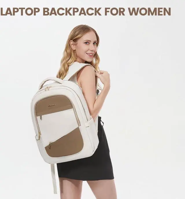 Alt view image 2 of 5 - LOVEVOOK Laptop Backpack for Women,College Travel Copmputer Backpack, 17.3 Inch Backpacks with USB Port,Work Waterproof Back Pack with Laptop Compartment for Teacher Nurse,White-Khaki