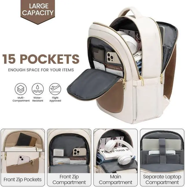 Alt view image 4 of 5 - LOVEVOOK Laptop Backpack for Women,College Travel Copmputer Backpack, 17.3 Inch Backpacks with USB Port,Work Waterproof Back Pack with Laptop Compartment for Teacher Nurse,White-Khaki