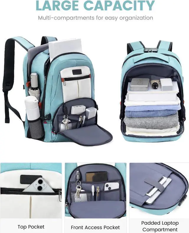 Alt view image 2 of 5 - LOVEVOOK Travel Laptop Backpack Waterproof Anti Theft Backpack with Lock and USB Charging Port Large Computer Business Backpack for Women College Backpack (17 inch,Paleturquoise & White