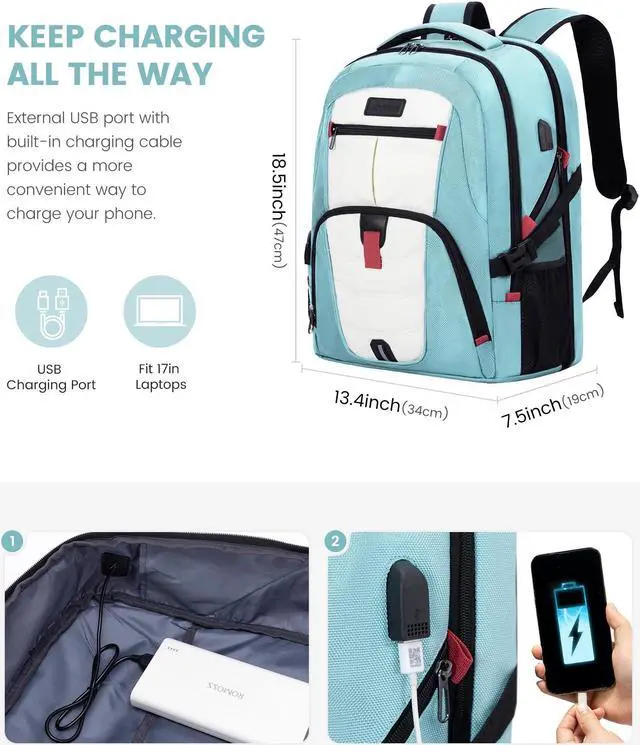 Alt view image 3 of 5 - LOVEVOOK Travel Laptop Backpack Waterproof Anti Theft Backpack with Lock and USB Charging Port Large Computer Business Backpack for Women College Backpack (17 inch,Paleturquoise & White