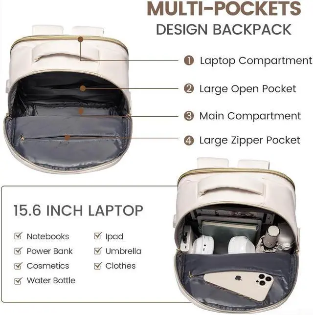 Alt view image 3 of 5 - LOVEVOOK Laptop Backpack for Women,College Travel Copmputer Backpack, 17.3 Inch Backpacks with USB Port,Work Waterproof Back Pack with Laptop Compartment for Teacher Nurse,White-Khaki