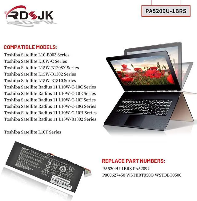 Alt view image 3 of 5 - PA5209U-1BRS Laptop Battery for Toshiba Satellite L10-B003 L10W-B L10W-C L10T L10W L15W-B L15W-B1208X L15W-B1302 L15W-B1310 Radius 11 L10W-C L10W-C-10C L10W-C-10H Serie P000627450 WSTBBT050O 7.2V 28Wh