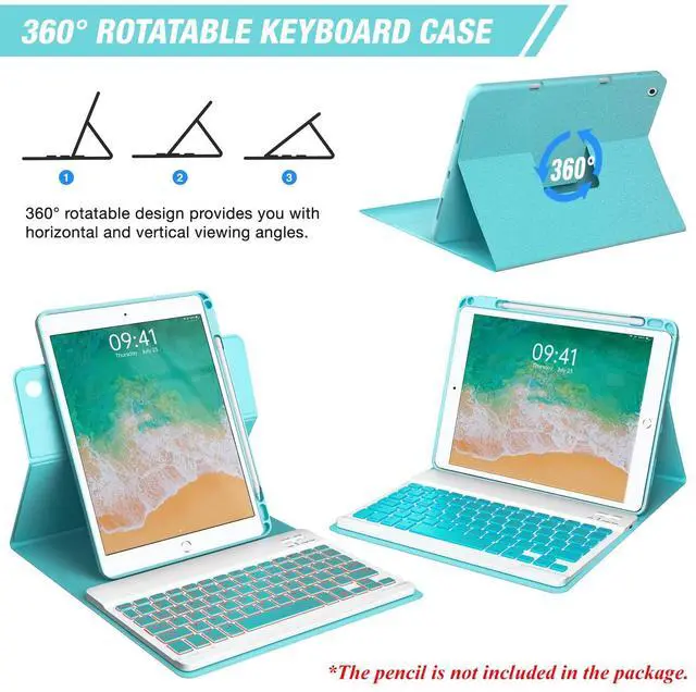 Alt view image 3 of 5 - Keyboard Case for iPad 9.7 inch 5th 6th Generation,360deg Rotatable iPad Air 2 Keyboard Case with Pencil Holder(2018/2017/2014),7 Color Backlit Bluetooth Keyboard Smart Folio Tablet Cover (Lake Blue)