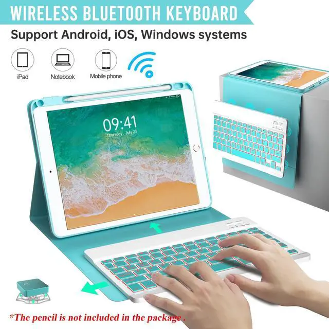 Alt view image 5 of 5 - Keyboard Case for iPad 9.7 inch 5th 6th Generation,360deg Rotatable iPad Air 2 Keyboard Case with Pencil Holder(2018/2017/2014),7 Color Backlit Bluetooth Keyboard Smart Folio Tablet Cover (Lake Blue)