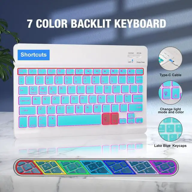 Alt view image 4 of 5 - Keyboard Case for iPad 9.7 inch 5th 6th Generation,360deg Rotatable iPad Air 2 Keyboard Case with Pencil Holder(2018/2017/2014),7 Color Backlit Bluetooth Keyboard Smart Folio Tablet Cover (Lake Blue)