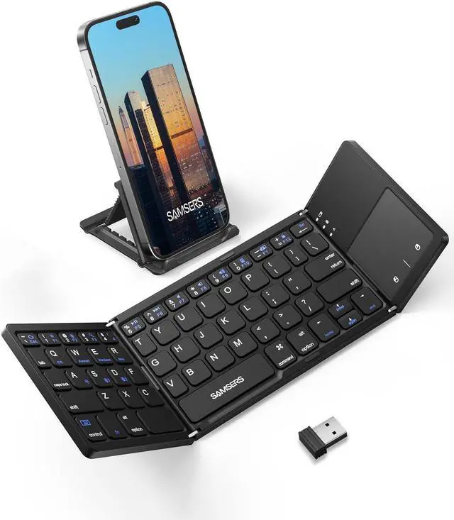 Main image of Samsers Multi-Device Foldable Bluetooth Keyboard with Touchpad, Rechargeable Dual-Mode(2.4G+BTx2) Wireless Keyboard with Holder, Portable Folding Keyboards for Android Windows iOS Mac OS - Black