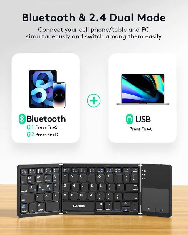 Alt view image 2 of 5 - Samsers Multi-Device Foldable Bluetooth Keyboard with Touchpad, Rechargeable Dual-Mode(2.4G+BTx2) Wireless Keyboard with Holder, Portable Folding Keyboards for Android Windows iOS Mac OS - Black
