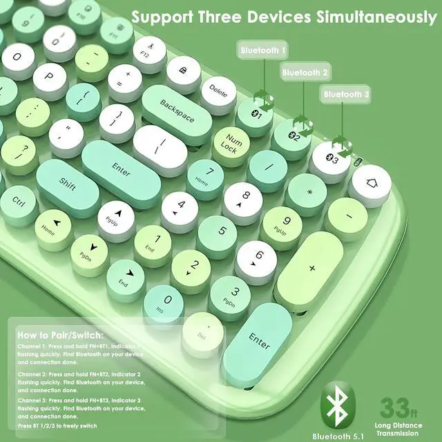 Alt view image 4 of 5 - Wireless Bluetooth Keyboard,3 Devices Switchable, Typewriter Style,100-Key,Retro Round Keycaps,Universal Compatible with Bluetooth-Enabled Android/Windows/iOS/Chrome/iPhone/iPad/Laptop(green)