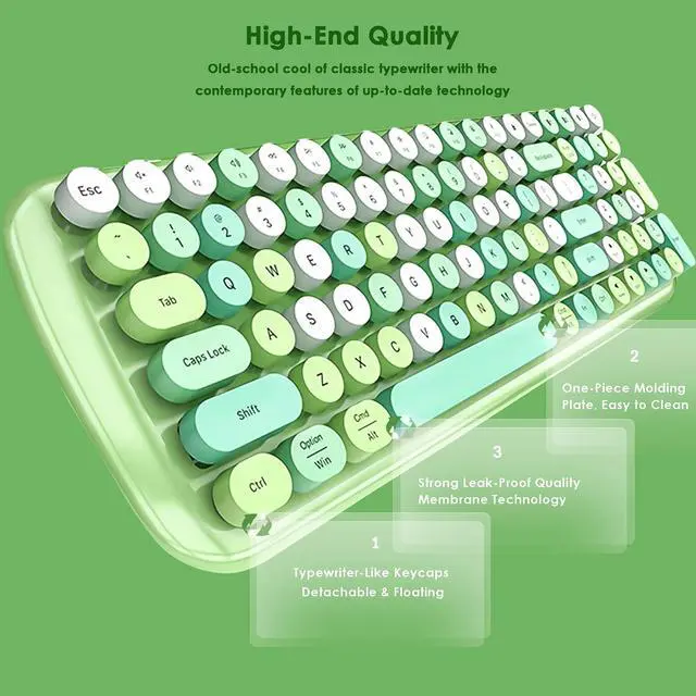 Alt view image 3 of 5 - Wireless Bluetooth Keyboard,3 Devices Switchable, Typewriter Style,100-Key,Retro Round Keycaps,Universal Compatible with Bluetooth-Enabled Android/Windows/iOS/Chrome/iPhone/iPad/Laptop(green)