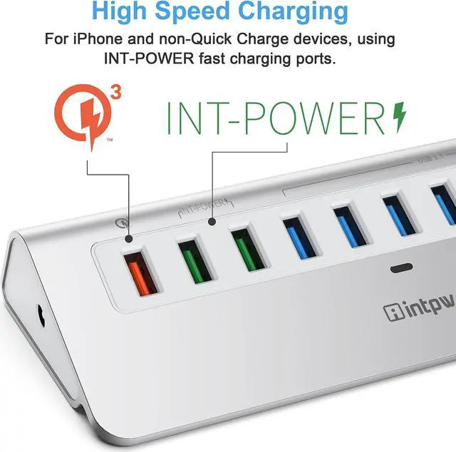 Alt view image 5 of 5 - Powered USB Hub 10Gbps, 10 Port USB 3.1 Gen 2 Hub with 7 USB 3.1 Data Ports, 3 Fast Charging Ports, 36W Power Adapter, Type A and Type C Cable, Aluminum USB Data Hub for Mac, PC, Laptop