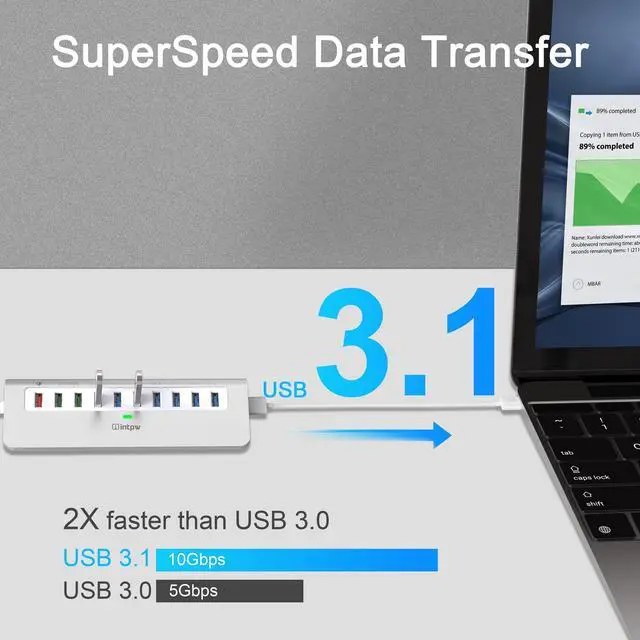 Alt view image 2 of 5 - Powered USB Hub 10Gbps, 10 Port USB 3.1 Gen 2 Hub with 7 USB 3.1 Data Ports, 3 Fast Charging Ports, 36W Power Adapter, Type A and Type C Cable, Aluminum USB Data Hub for Mac, PC, Laptop