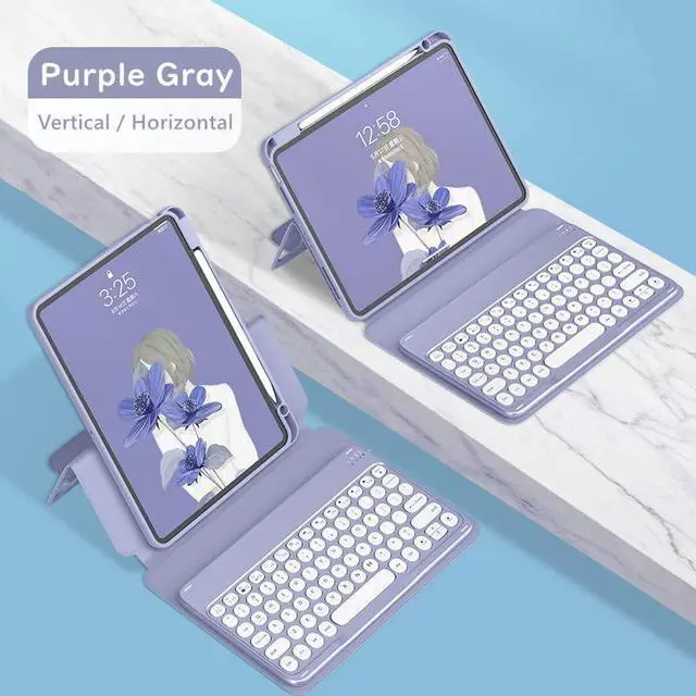 Alt view image 2 of 5 - Magnetic Vertical iPad 9th 8th 7th Generation10.2 Air 3rd Gen Pro 10.5 inch Keyboard Case Color Round Key Movable Clear Back Cover with Pencil Holder, Purple Gray