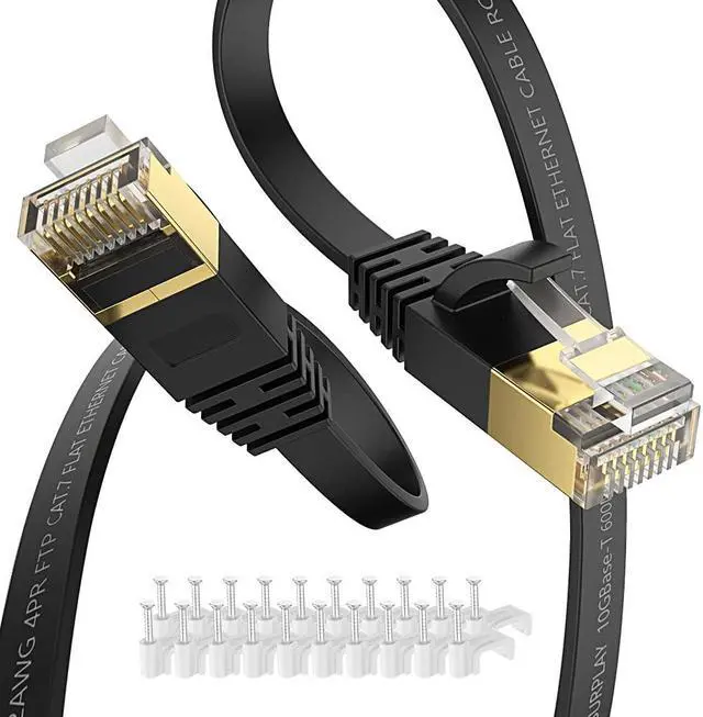 Main image of Cat7 Ethernet Cable 100FT-Black-10Gbps High Speed Outdoor&Indoor Double Shielded with Ground Wire & Gold-Plated RJ45 Flat Cord for Long Distance IP-Camera,TV,Router,NAS(50 Clips)