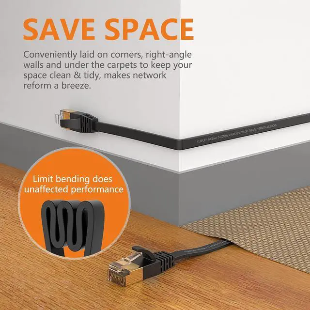 Alt view image 4 of 5 - Cat7 Ethernet Cable 100FT-Black-10Gbps High Speed Outdoor&Indoor Double Shielded with Ground Wire & Gold-Plated RJ45 Flat Cord for Long Distance IP-Camera,TV,Router,NAS(50 Clips)