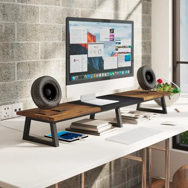 Alt view image 2 of 5 - TEAMIX 42 inch Large Dual Monitor Riser, Extra Long Monitor Stand Riser Wide TV Stand Riser Monitor Stand for 2 Monitors Wood & Steel Desktop Riser Desk Organization Home Office
