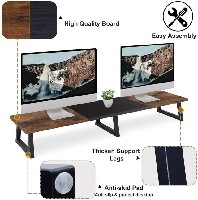 Alt view image 4 of 5 - TEAMIX 42 inch Large Dual Monitor Riser, Extra Long Monitor Stand Riser Wide TV Stand Riser Monitor Stand for 2 Monitors Wood & Steel Desktop Riser Desk Organization Home Office
