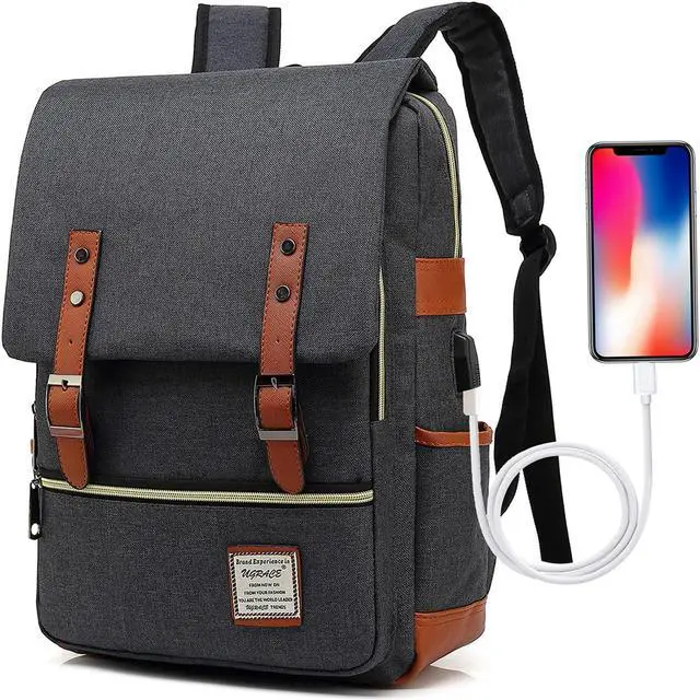 Main image of UGRACE Vintage Laptop Backpack with USB Charging Port, Elegant Water Resistant Travelling Casual Daypacks College Shoulder Bag for Men Women, Fits up to 15.6Inch Laptop in Black