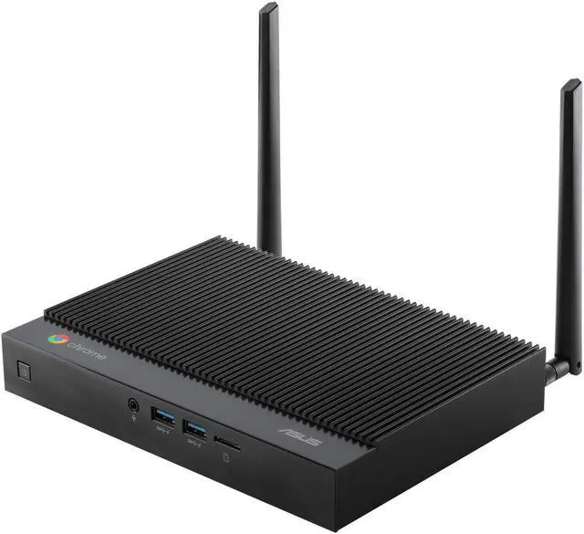 Main image of ASUS Aluminum Fanless Chromebox with Celeron 5205U, 4GB RAM, 32G eMMC Storage, Dual HDMI, Legacy RS232, Extended Power Switch, Gigabit LAN, WiFi 6, MicroSD Card Reader, VESA Mount, Chrome OS, BLACK