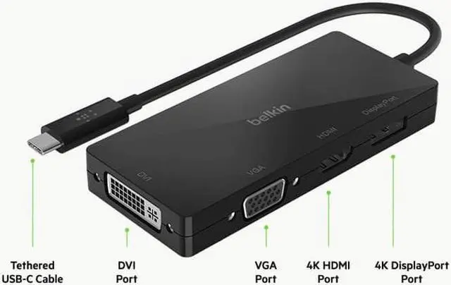 Alt view image 3 of 4 - Belkin USB C Video Adapter, 4-in-1 MultiPort Adapter - USB C Video Adapter For MacBook Pro, MacBook Air, iPad Pro & Mac Mini - HDMI, VGA, DisplayPort, Or DVI Video Display W/ Tethered USB C Cable