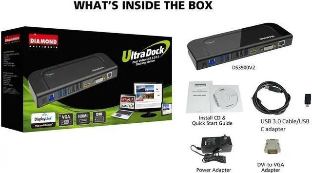 Alt view image 2 of 5 - Diamond Multimedia Dual Video Output, USB/USB-C/TB3 Universal Docking Station with Gigabit Ethernet, HDMI, DVI, Audio for Windows 11, MacOS, Android 5.0+. DisplayLink Certified DL-3900 Chip (DS3900V3)