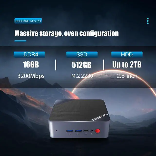 Alt view image 3 of 5 - BOSGAME B95 Mini PC Intel 12th Gen N95 (up to 3.4GHz) Mini Desktop Computers Windows 11 Pro 16GB RAM 512GB M.2 SSD, Micro PC Support 4K UHD Dual HDMI & Type-C, Dual WiFi 5, BT 4.2