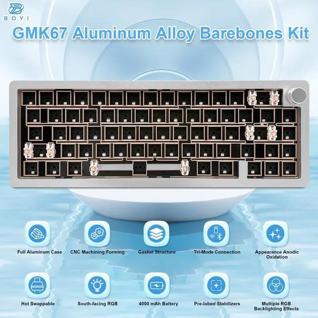 Alt view image 4 of 5 - BOYI GMK67-65% Aluminum Alloy Keyboard Kit,Hot-Swappable BT5.0/2.4G/Type-C Tri-Mode Wireless CNC RGB Mechanical Keyboard Gasket Mounted Kit,Customized South-Facing LED Barebones Kit(Silver White+Knob)