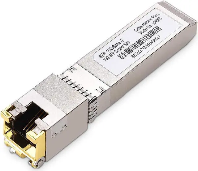 Main image of Cable Matters 10GBASE-T 10 Gigabit SFP+ to RJ45 Copper Ethernet Modular Transceiver for Cisco, Ubiquiti, TP-Link, Huawei, Mikrotik, Netgear, and Supermicro Equipment