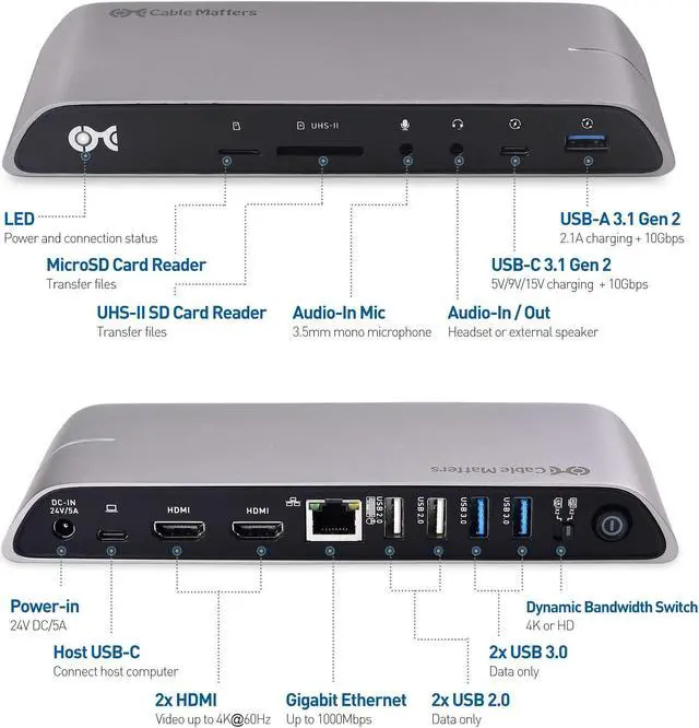 Alt view image 5 of 5 - Cable Matters USB C Dock for Windows - Dual 4K HDMI, 80W Charging, UHS-II SD Card Slot, 10Gbps USB-A/USB-C Gigabit Ethernet - Thunderbolt 4 / USB4 / Thunderbolt 3 Port Compatible USB C Docking Station