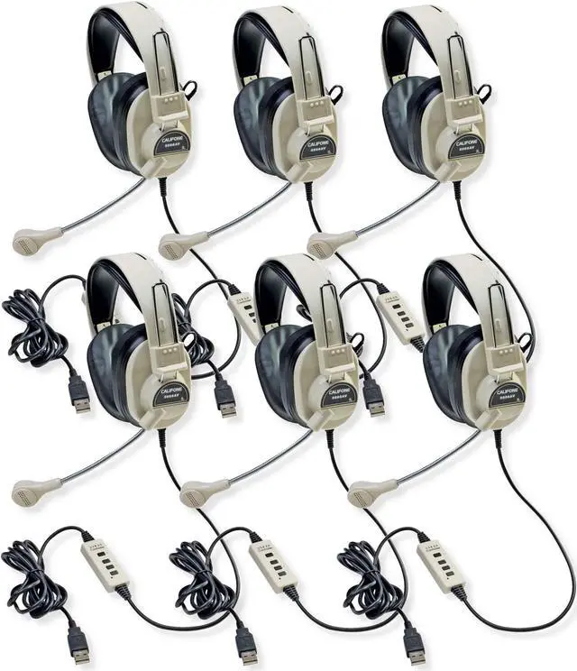 Main image of Califone 3066-USB Deluxe Multimedia Stereo Headset with USB Plug, Flexible Omni Directional Microphone, Around Ear Ambient Noise Reducing Earcups, In-line Volume Control, Pack of 6