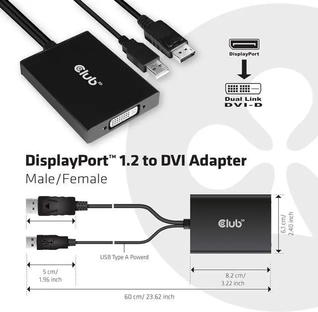 Alt view image 2 of 5 - Club 3D CAC-1010 DisplayPort to DVI Dual-Link DVI-D Active Adapter for Your Monitor/Display USB A Powered 2560x1600 Resolution HDCP Supported NOT for Cinema Monitors Black