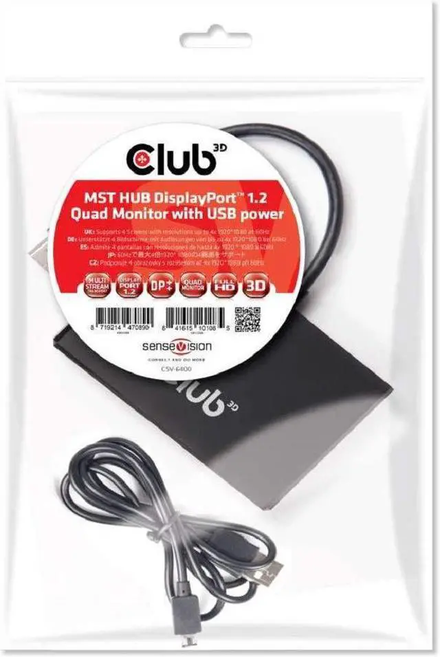 Alt view image 2 of 5 - Club3D CSV-6400 Multi Stream Transport (MST) DisplayPort to DisplayPort Multi Monitor Splitter - 4-Port MST Hub - DP 1.2 to 4x DP MST Hub USB powered