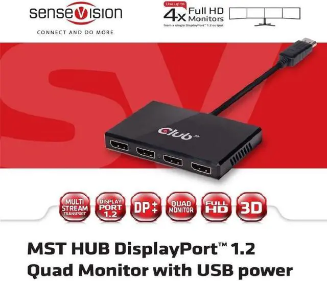 Alt view image 4 of 5 - Club3D CSV-6400 Multi Stream Transport (MST) DisplayPort to DisplayPort Multi Monitor Splitter - 4-Port MST Hub - DP 1.2 to 4x DP MST Hub USB powered
