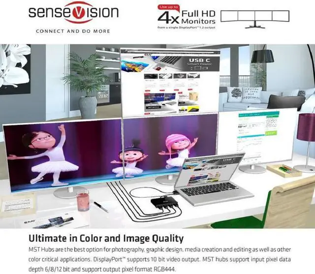 Alt view image 5 of 5 - Club3D CSV-6400 Multi Stream Transport (MST) DisplayPort to DisplayPort Multi Monitor Splitter - 4-Port MST Hub - DP 1.2 to 4x DP MST Hub USB powered
