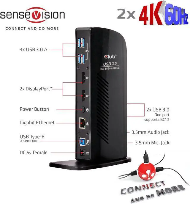 Alt view image 2 of 5 - Club 3D CSV-1460 USB3.2 Gen1 Type A or C Dual Display 4K60Hz Docking Station