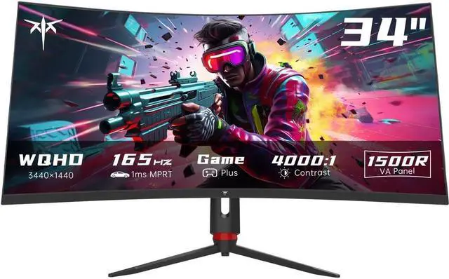 Main image of KTC 34 Inch Ultrawide Monitor, 165Hz WQHD 3440X1440 Curved Gaming Monitor, 1500R PC Monitor, HDR, FreeSync & G-Sync, HDMI, DisplayPort, VESA, Tilt Swivel Height Pivot Adjustment, H34S18S