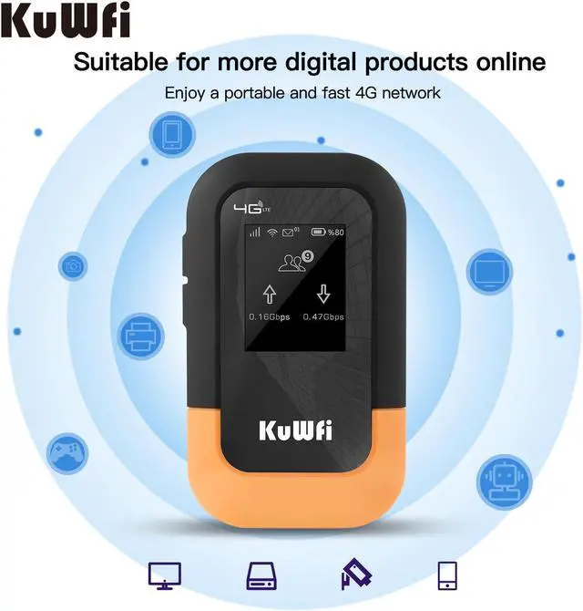 Alt view image 2 of 5 - KuWFi 4G LTE WiFi Mobile Hotspot Device, 150 Mbps Wireless Portable Travel Router with 2G Free Data, Portable WiFi Hotspot for Travel Support 10 Devices, AT&T T-Mobile, B2/B4/B5/B12/B13/B66