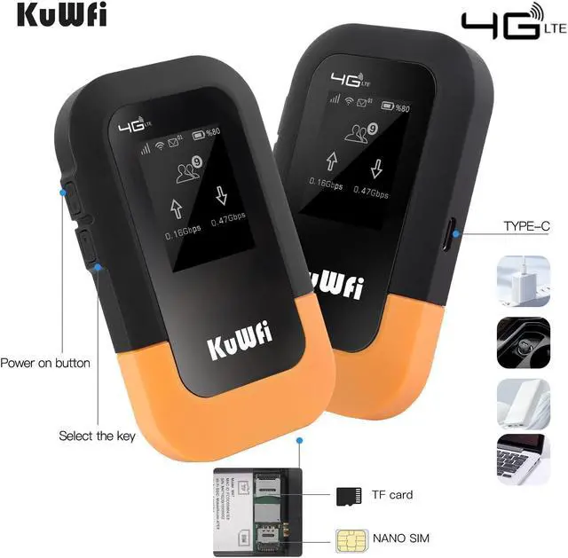 Alt view image 3 of 5 - KuWFi 4G LTE WiFi Mobile Hotspot Device, 150 Mbps Wireless Portable Travel Router with 2G Free Data, Portable WiFi Hotspot for Travel Support 10 Devices, AT&T T-Mobile, B2/B4/B5/B12/B13/B66