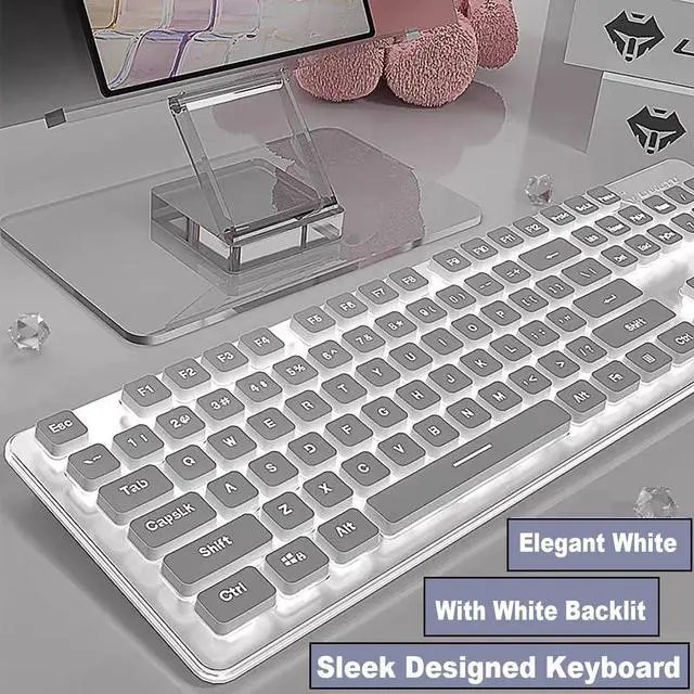 Alt view image 2 of 5 - Wireless Keyboard and Mouse Combo, Rechargeable Metal Full Size Mute Keyboard and Ergonomic Mice, 2.4G Ultra-Thin Sleek Design for Windows Computer Desktop PC Laptop (White with white light)