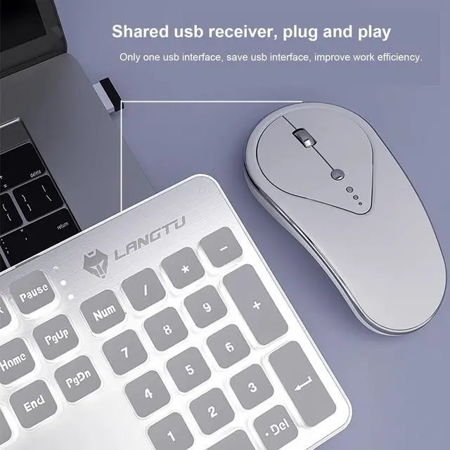 Alt view image 3 of 5 - Wireless Keyboard and Mouse Combo, Rechargeable Metal Full Size Mute Keyboard and Ergonomic Mice, 2.4G Ultra-Thin Sleek Design for Windows Computer Desktop PC Laptop (White with white light)